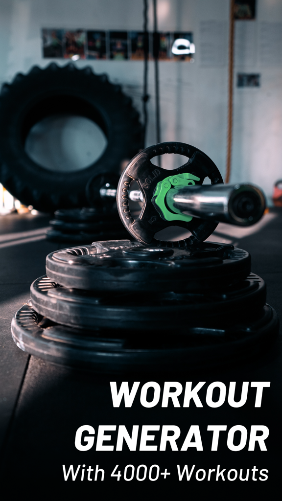 Intro screen for Random WOD Generator app with gym weights in the background