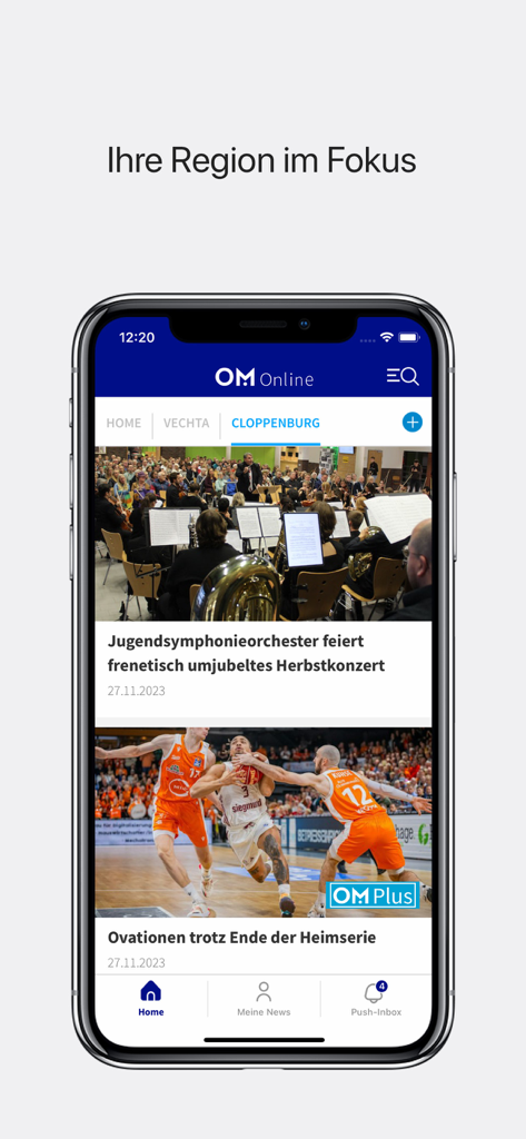 Interface do aplicativo móvel OM Online exibindo artigos de notícias locais da região de Cloppenburg