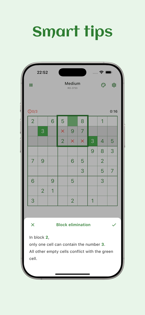 Sudoku Clean - No ads - A screenshot of the Sudoku Clean app interface showing a smart tip for block elimination logic.