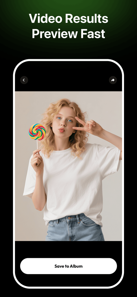 Vidgram: AI Video Generator - Vista previa de la aplicación Vidgram que muestra el resultado de un vídeo generado de una mujer con una piruleta y un botón de guardar.