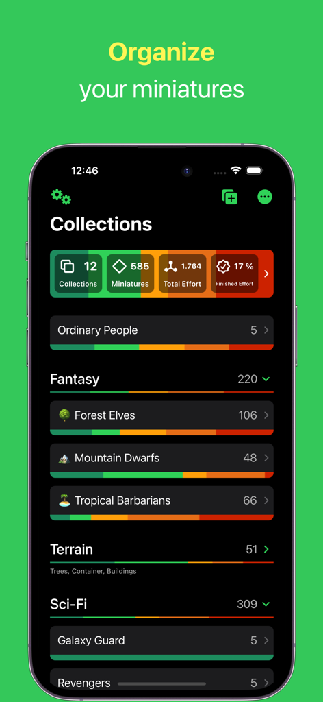 Figure Case - Hobby Progress - Dashboard dell'app Figure Case che mostra le collezioni di hobby di miniature e le statistiche sui progressi della pittura.