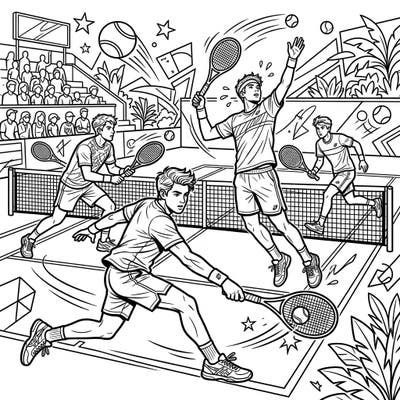 Step onto the court with this exhilarating coloring page, showcasing male tennis players engaged in a high-energy match. Crafted for teens, it invites you to capture the thrill and movement of the game with every stroke of color.