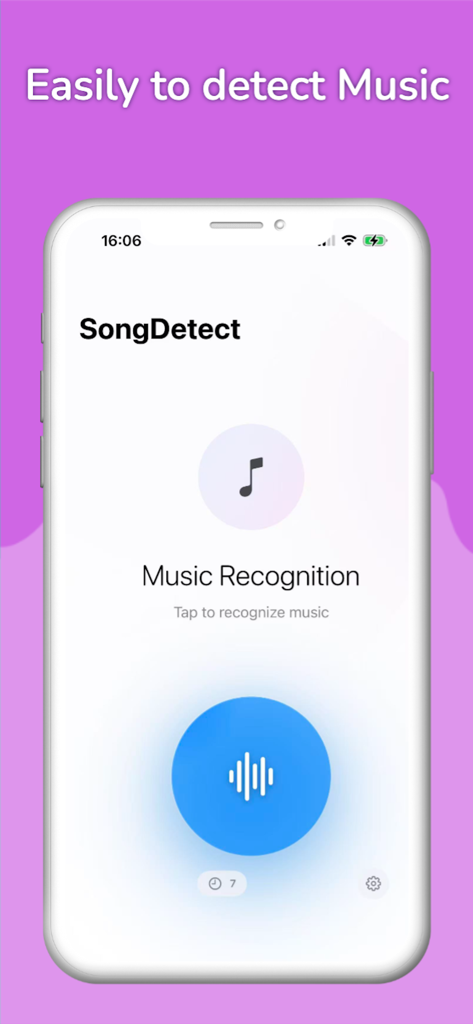 SongDetect - Music Recognition - Tela principal do aplicativo SongDetect mostrando o botão e a interface de reconhecimento de música de um toque
