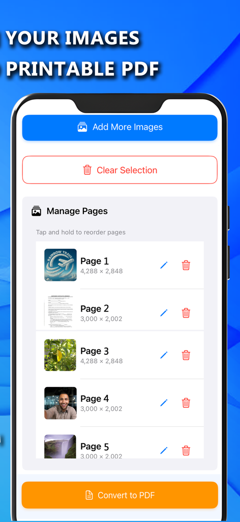 Pantalla de la aplicación móvil mostrando una lista de imágenes seleccionadas con opciones para reordenar, editar o eliminar páginas antes de convertir a PDF.