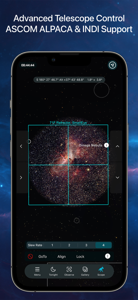 SkySafari 8 Plus - SkySafari 8 Plus mobile app showing advanced telescope control interface with ASCOM Alpaca and INDI support over a view of the Omega Nebula
