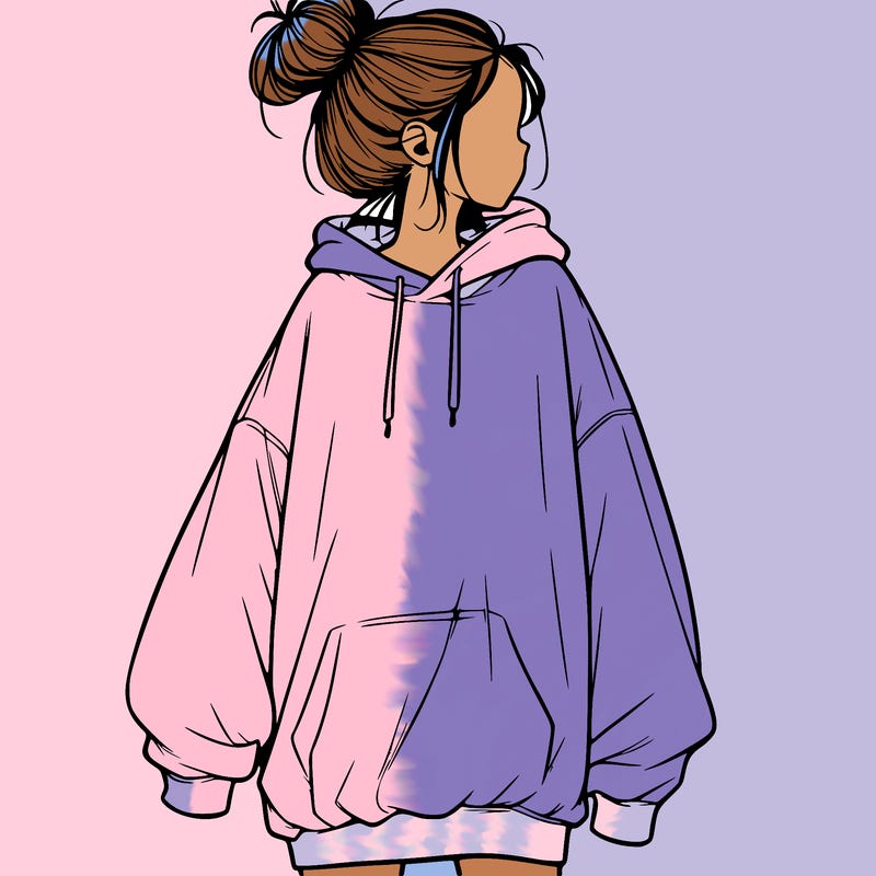 realistic girl with a oversized sweatshirt on and a bun