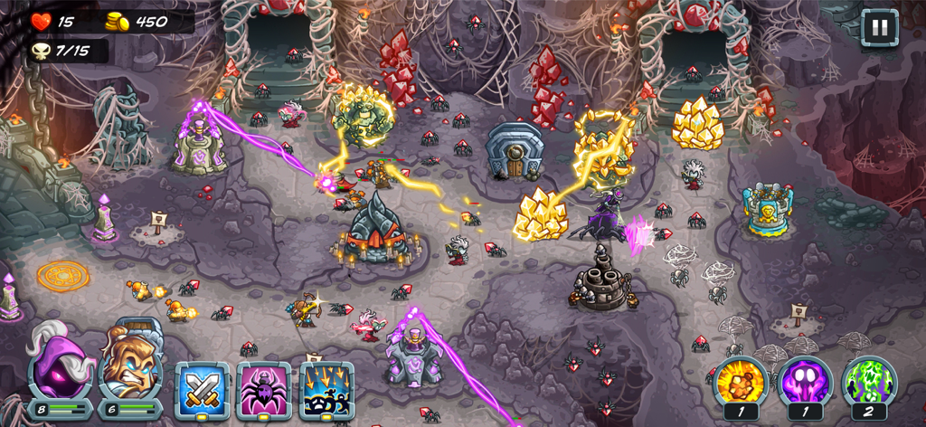 Kingdom Rush 5: Alliance TD - Captura de pantalla de jugabilidad de Kingdom Rush 5 Alliance TD mostrando héroes duales y defensas de torres en una caverna de cristal