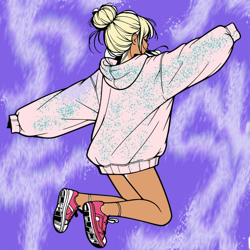 realistic girl jumping with a bun and oversized sweatshirt