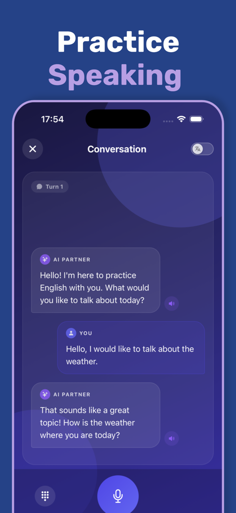 Interface of Talaka AI app showing a conversation with an AI partner to practice English speaking.