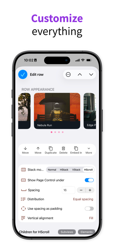 Smartphone-Bildschirm, der die Pixelmost-App-Oberfläche zur Anpassung von Zeilenerscheinung und Layout-Einstellungen anzeigt.