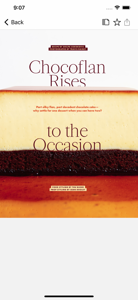 Bon Appetit - Una pagina di rivista digitale per una ricetta di Chocoflan nell'app Bon Appetit con un dessert a strati di flan e torta al cioccolato.