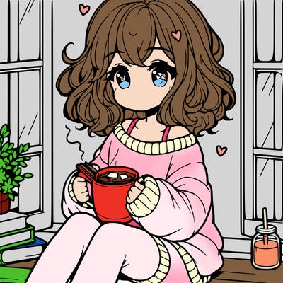 cute anime girl reading book and drinking hot chocolate from mug with loose wavy hair wearing a baggy sweatshirt and shorts sitting by windowsill looking out