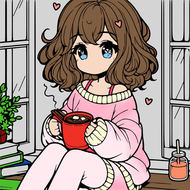cute anime girl reading book and drinking hot chocolate from mug with loose wavy hair wearing a baggy sweatshirt and shorts sitting by windowsill looking out