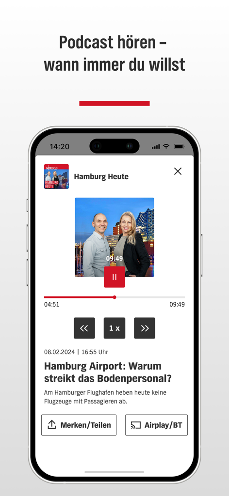 NDR Hamburg - NDR Hamburg app podcast interface playing a news episode about Hamburg Airport