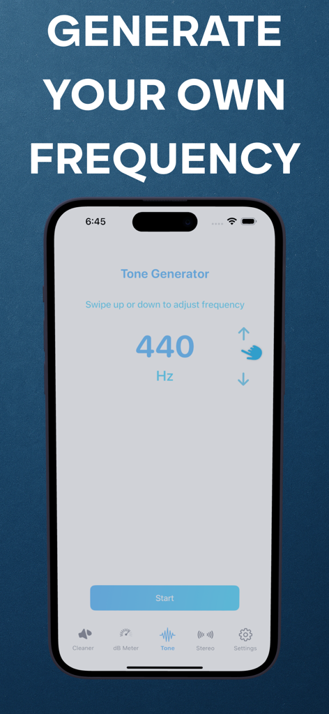 Remove Water From Phone App - Interface mostrando o recurso gerador de tons personalizados com a frequência definida para 440 Hz