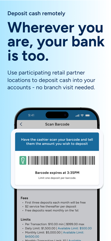 PenFed Mobile - Écran de l'application PenFed Mobile montrant un code-barres scannable pour déposer de l'argent dans les points de vente participants sans se rendre dans une succursale bancaire.