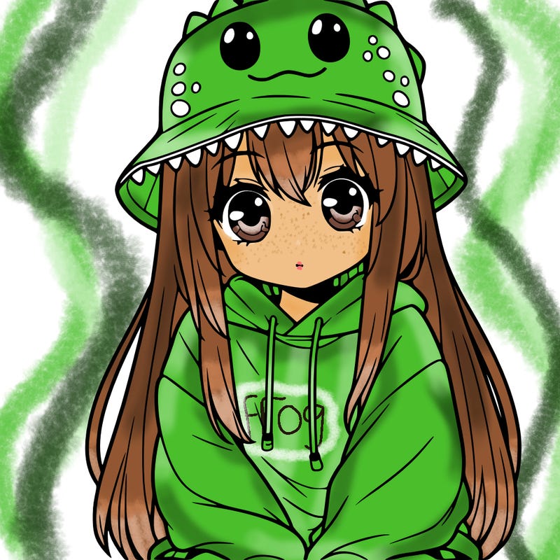 girl with anime shaped eyes with a dinosaur bucket hat oversized sweatshirt long straight hair