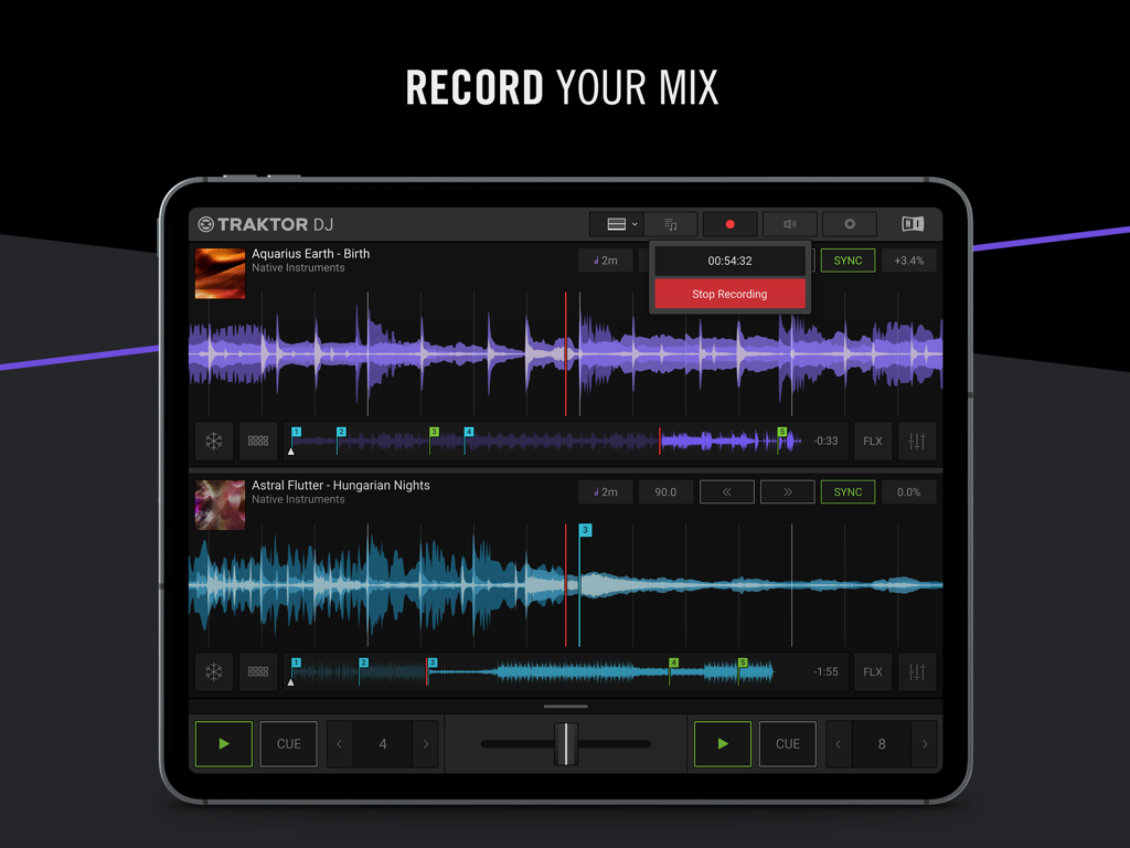 Traktor DJ 2 mobile app interface on iPad showing live mix recording