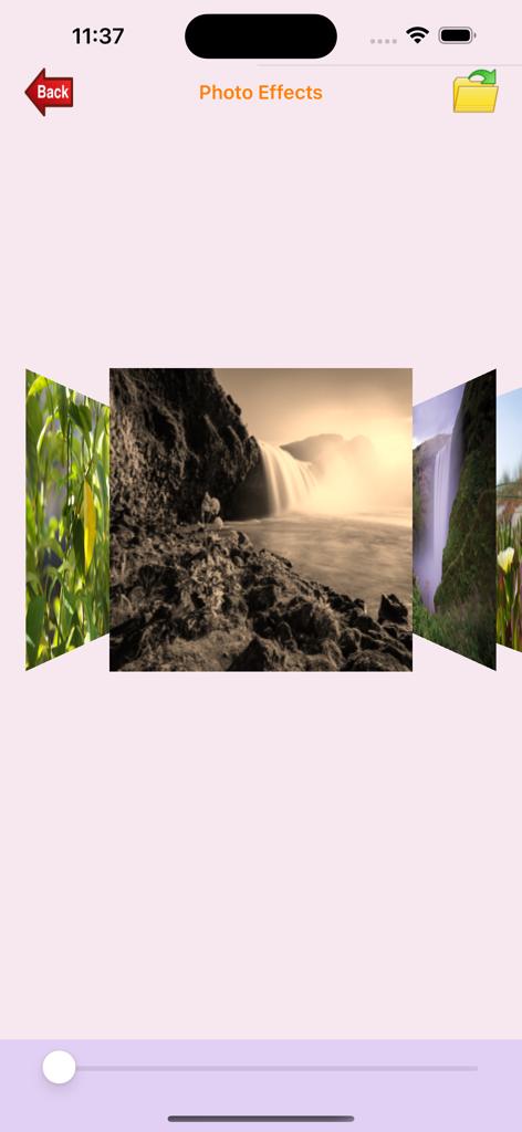 My-Photos - Photo Effects screen in the My-Photos app showing a carousel of filtered images