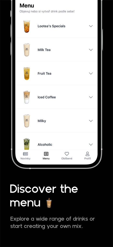 Lootea - Lootea app menu screen showing various drink categories like Milk Tea and Fruit Tea