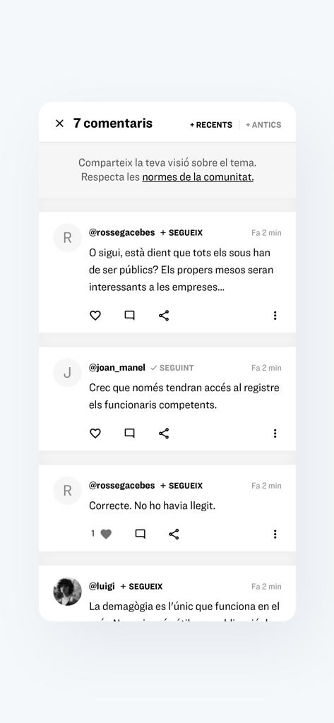 Interface do aplicativo Diari ARA mostrando a seção de comentários de assinantes e debates da comunidade.