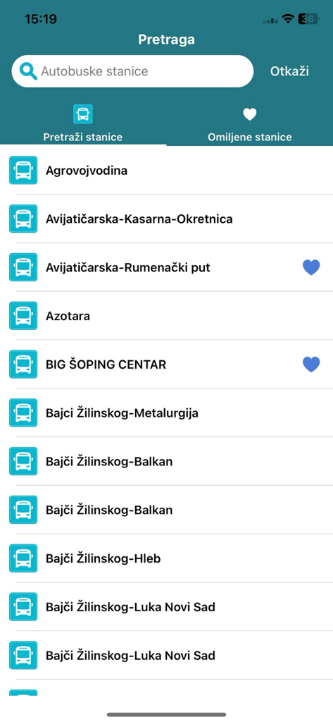 Nsmart JGSP - Novi Sad - Bus stop search screen in the Nsmart JGSP app showing a list of stations in Novi Sad