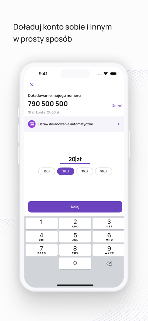 Interfaz de la aplicación Play24 que muestra la pantalla para recargar una cuenta móvil con selección de importe y opciones de pago automático