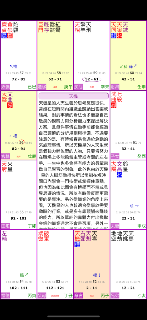 紫微四化飛星 - Eine professionelle Zi Wei Dou Shu astrologische Karte, die die zwölf Paläste mit traditionellen chinesischen Sterninterpretationen zeigt.