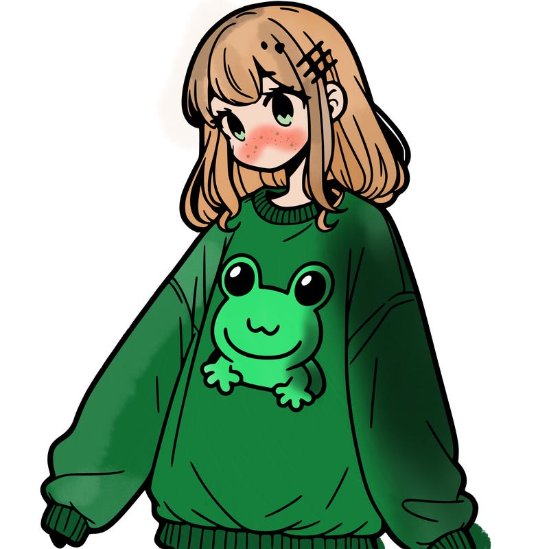 girl wearing frogging sweatshirt