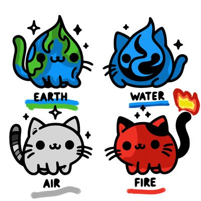 4 cats that represent the different elements, earth, water, air, and fire