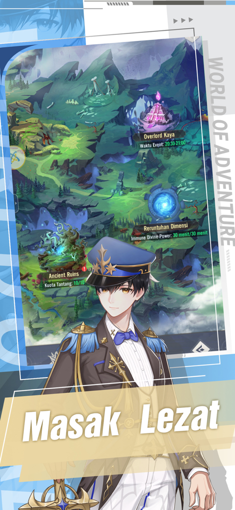 A screenshot of the Utopia Awan mobile game featuring a world map with various mission locations and a male anime character in a captain uniform.
