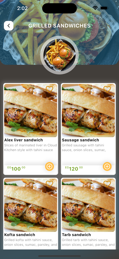 Cloud Kitchen - Interface do aplicativo móvel mostrando a categoria de sanduíches grelhados com várias opções de sanduíches e preços