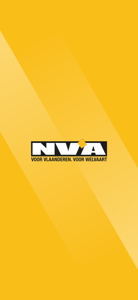 N-VA - L'écran de démarrage de l'application mobile N-VA avec le logo et le slogan du parti sur fond jaune.