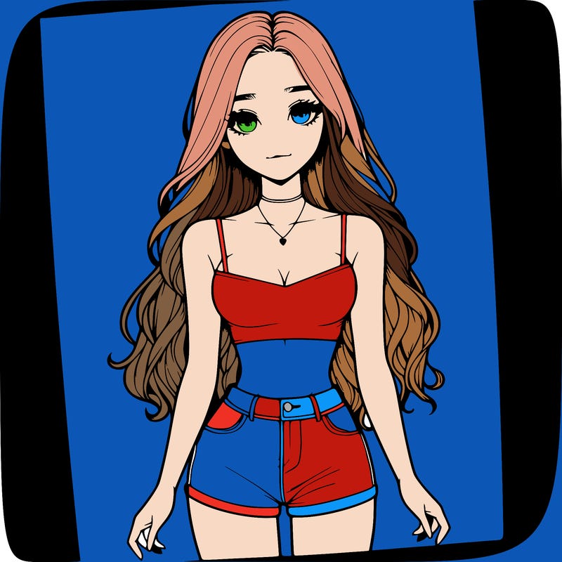 a realistic girl with long hair and in a crop top and shprts