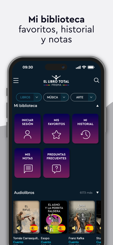 El Libro Total - Interface of the El Libro Total app showing the personal library dashboard with sections for favorites history notes and audiobooks