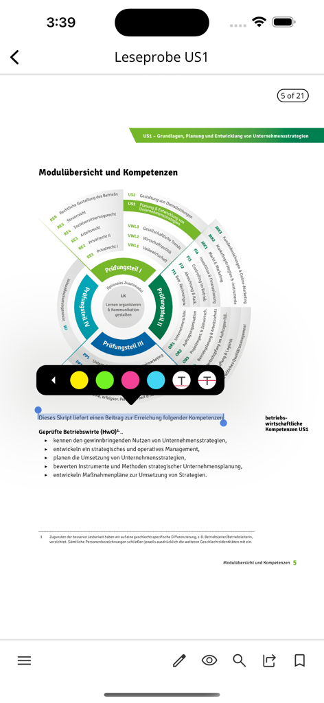 Betriebswirt HwO - Panoramica dei moduli e elenco delle competenze nell'app educativa Betriebswirt HwO che mostra un diagramma circolare e strumenti di annotazione.