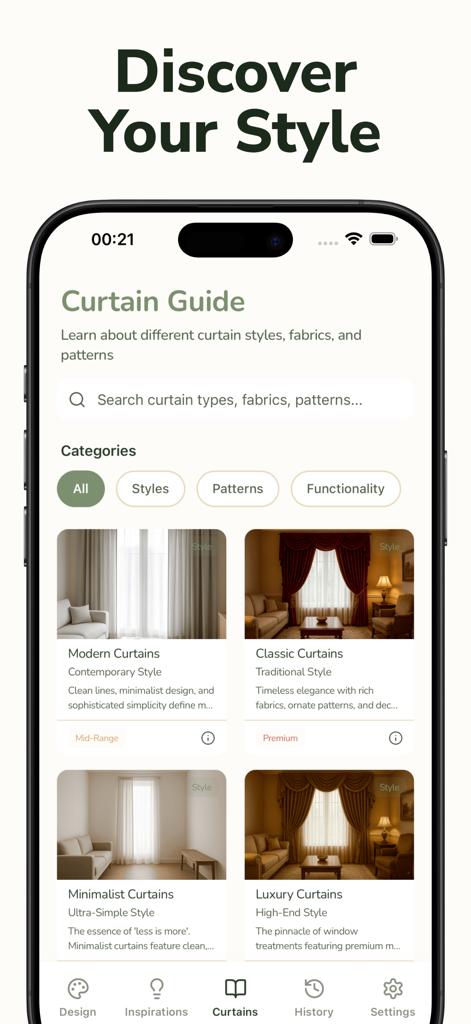 Curtain AI: Home Decor Design - Interfaz de la aplicación Curtain AI que muestra varios estilos y categorías de diseño de cortinas.