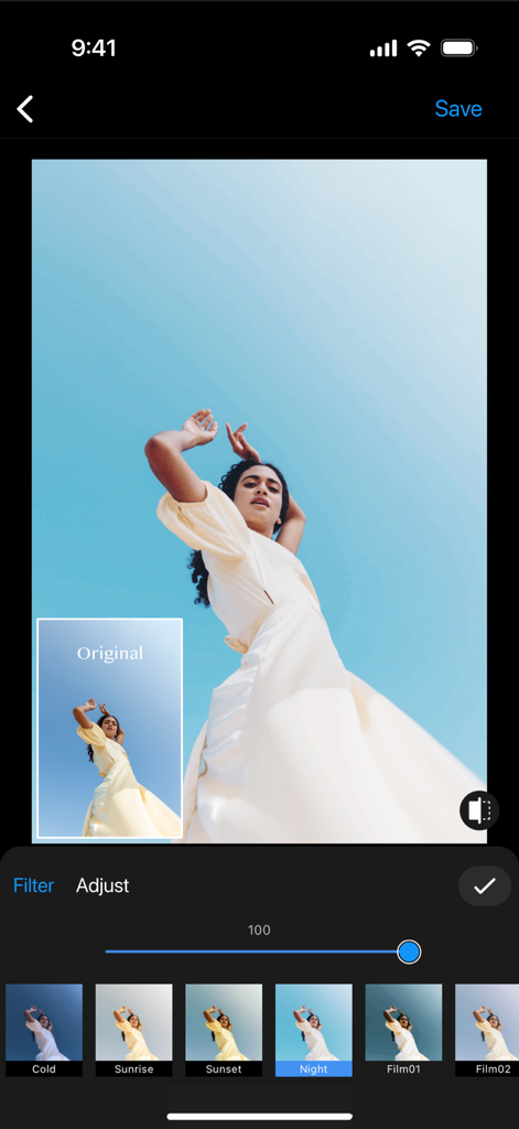 Interfaccia di editing fotografico che mostra filtri professionali applicati a un ritratto nell'app Layout per Instagram