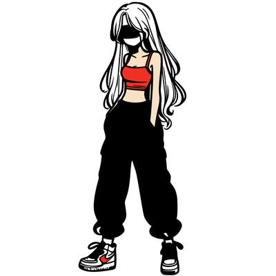 girl in baggy pants crop top and long hair