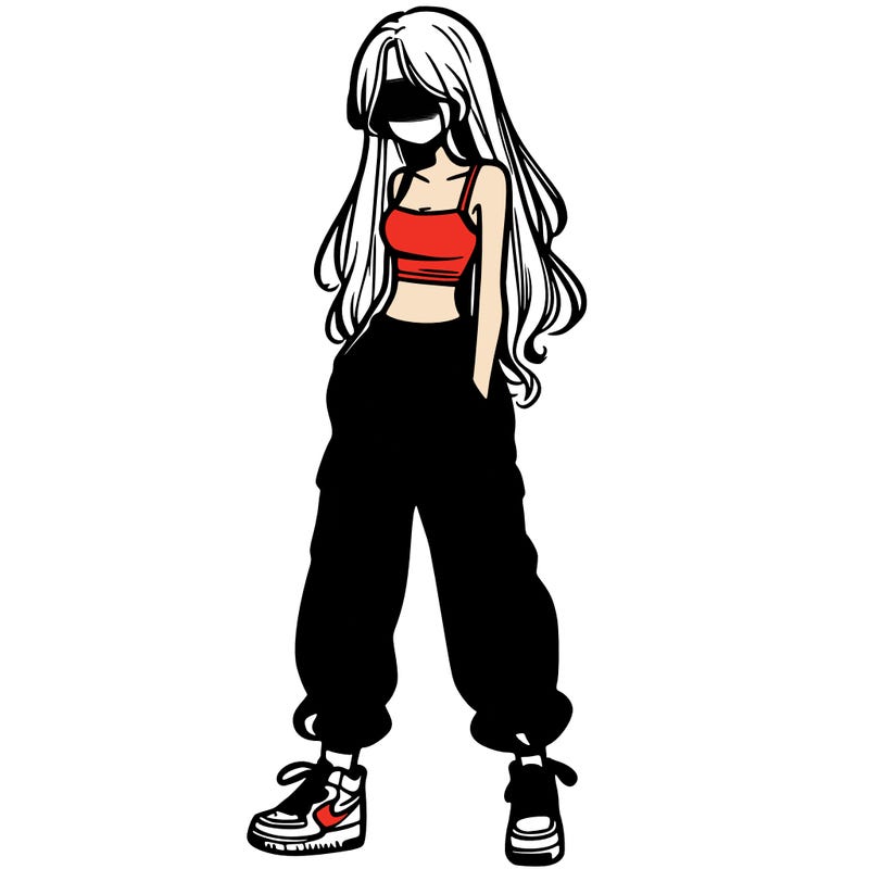 girl in baggy pants crop top and long hair
