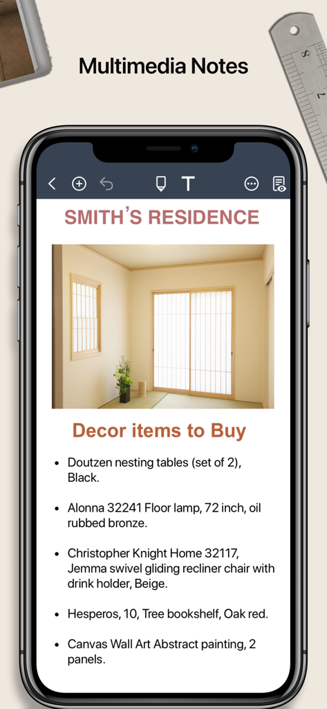 Noteshelf 2 app on an iPhone displaying a multimedia note for interior design with a photo and a list of decor items to buy