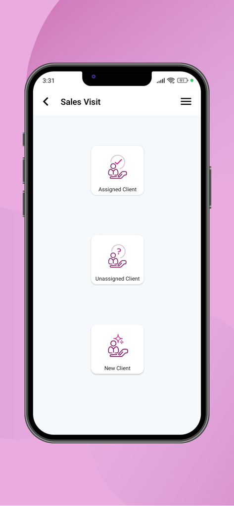 Qkrbiz - Qkrbiz mobile app interface showing options for assigned unassigned and new client sales visits