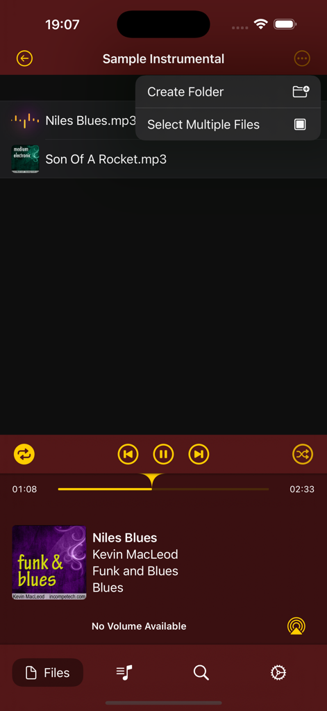 iMP3 app interface showing music files, folder creation menu, and media player controls in a custom dark red theme