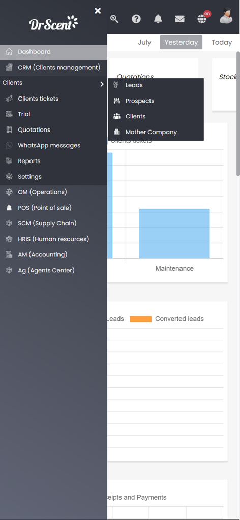 A navigation sidebar in the Dr Scent ERP System app showing modules for CRM operations and supply chain management