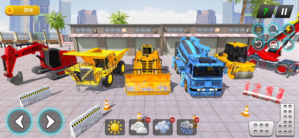 Construction Truck 2025 Sim 3D - Uma linha de máquinas de construção pesada, incluindo uma escavadeira, caminhão basculante, trator e betoneira em um jogo de simulação 3D.