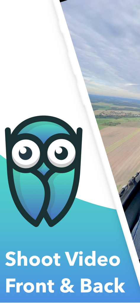 DuoCam app banner with an owl logo and text Shoot Video Front and Back