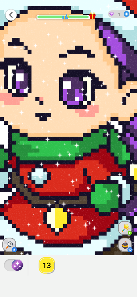 Coloreado pixel art de un personaje de anime con grandes ojos morados y una bufanda verde