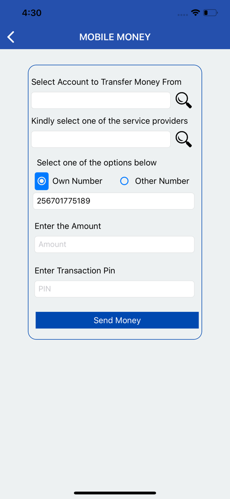 Housing Finance Bank Uganda 앱의 모바일 머니(Mobile Money) 이체 인터페이스