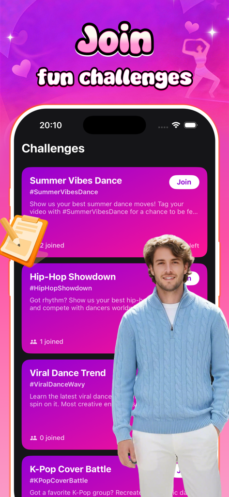 Wavy - video - Smartphone screen displaying various dance challenges like Hip-Hop Showdown and K-Pop Cover Battle in the Wavy app.