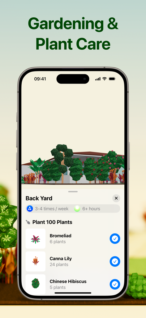 Flourish Garden - Flourish Garden app interface showing a 3D backyard visualization and plant care checklist including watering and sunlight requirements